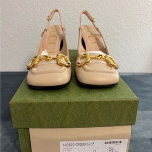 Brand New Gucci Women’s Mid-heel Slingback with Horsebit Skin Rose Size 34 US 4